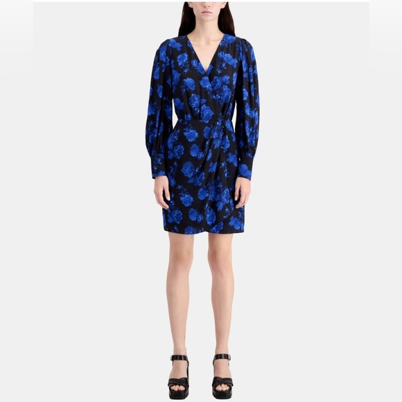 THE KOOPLES Dot & Rose Print Silk Wrap Mini Dress Black Blue Floral | Size 4 NWT - Picture 1 of 15